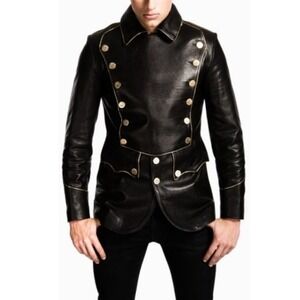 Men's Faux Leather Military Admiral Style  Jacket Black White Gold Large